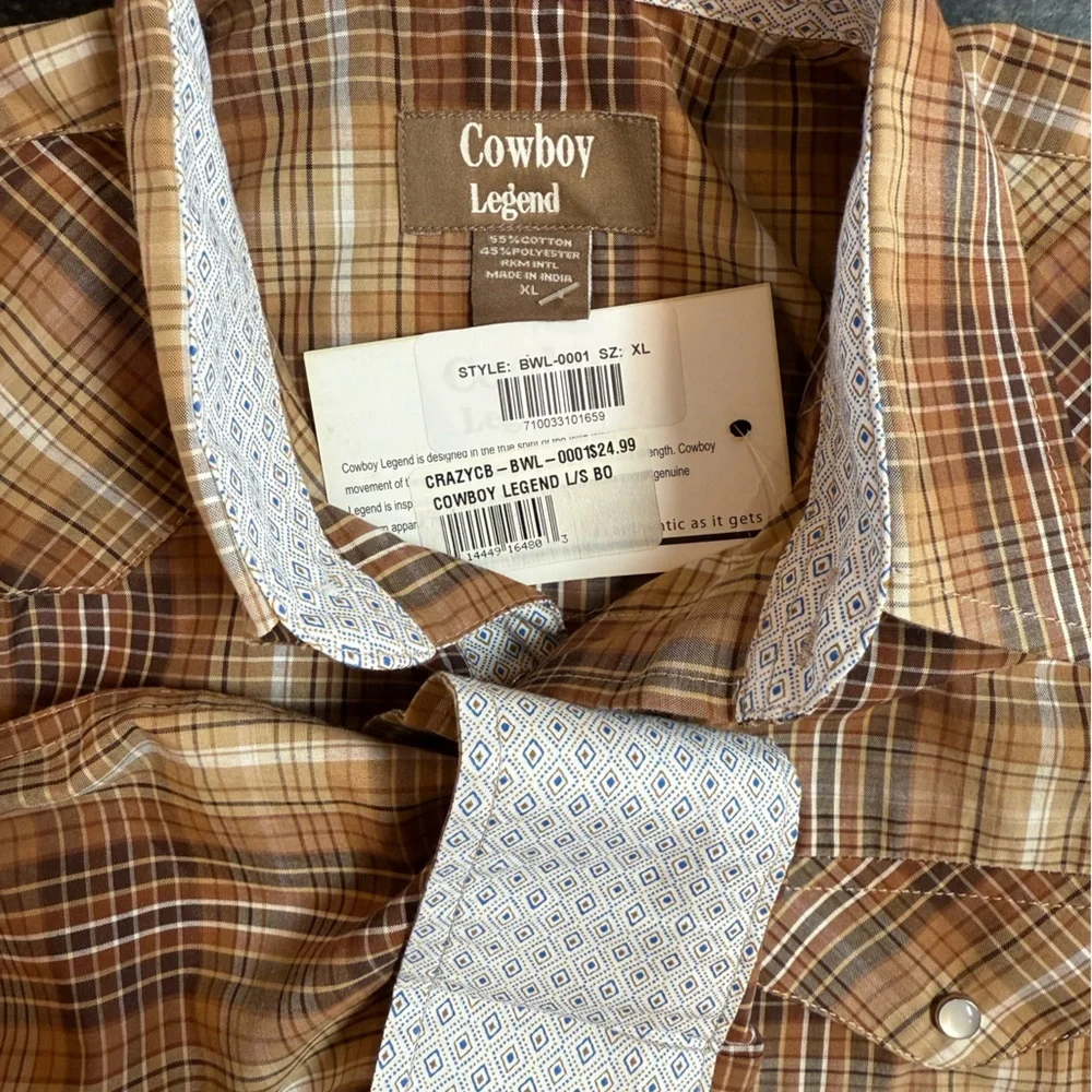 Cowboy Legend BOYS’ XL Brown Plaid Long Sleeve Button Down Shirt - Picture 7 of 7